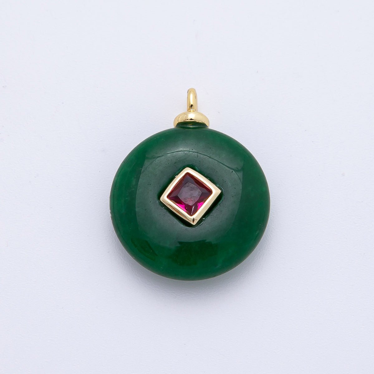 18K Gold Filled 23mm Red CZ Rhombus Centerpoint Round Malaysian Jade Gemstone Drop Charm | AF1336 - DLUXCA