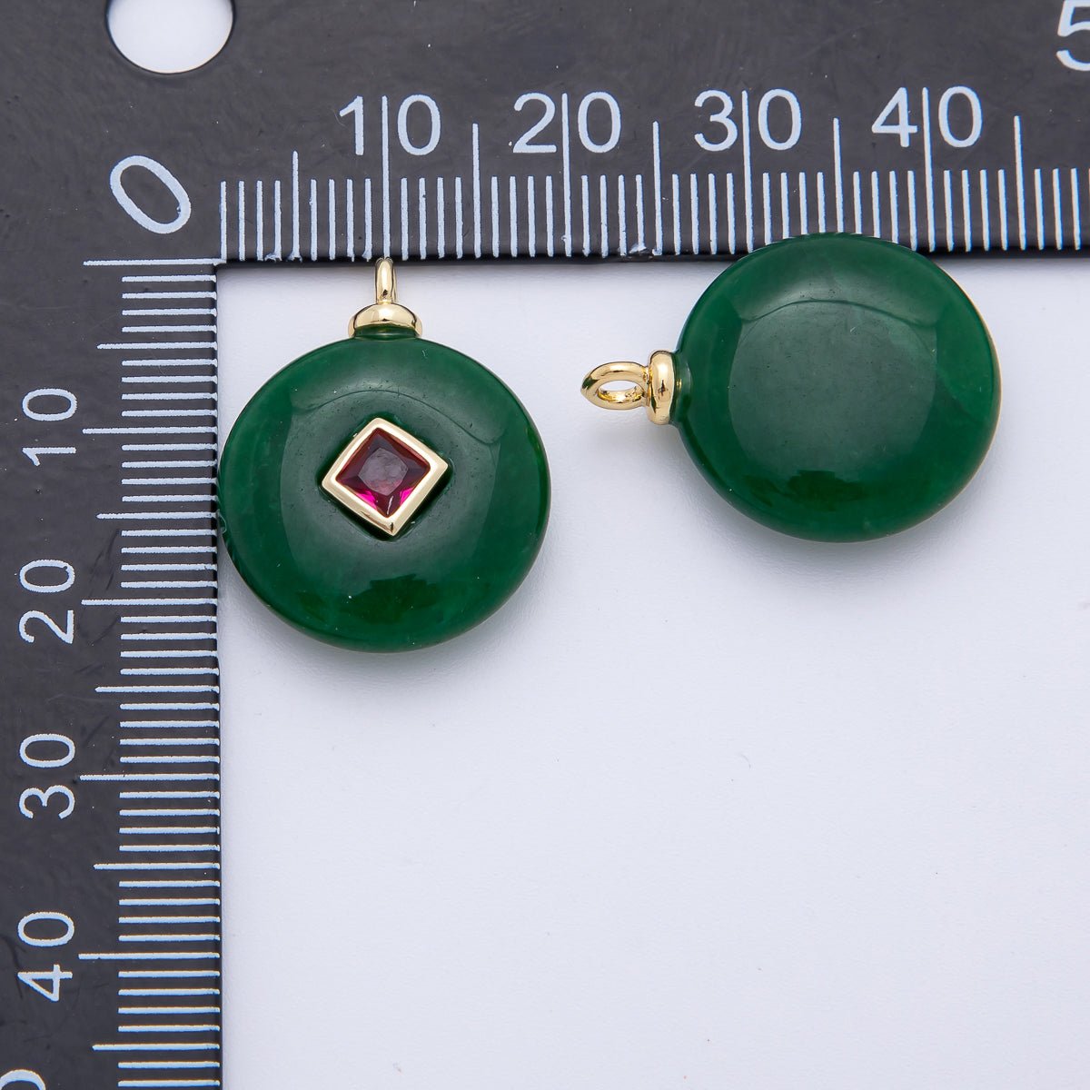 18K Gold Filled 23mm Red CZ Rhombus Centerpoint Round Malaysian Jade Gemstone Drop Charm | AF1336 - DLUXCA
