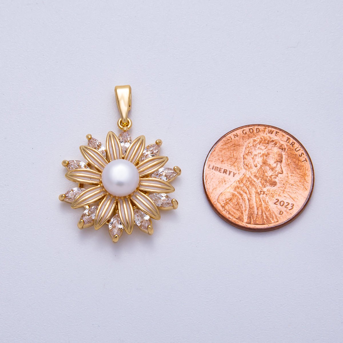 18K Gold Filled 23mm Shell Pearl Marquise CZ Blooming Flower Pendant | Charms - 00639 - DLUXCA