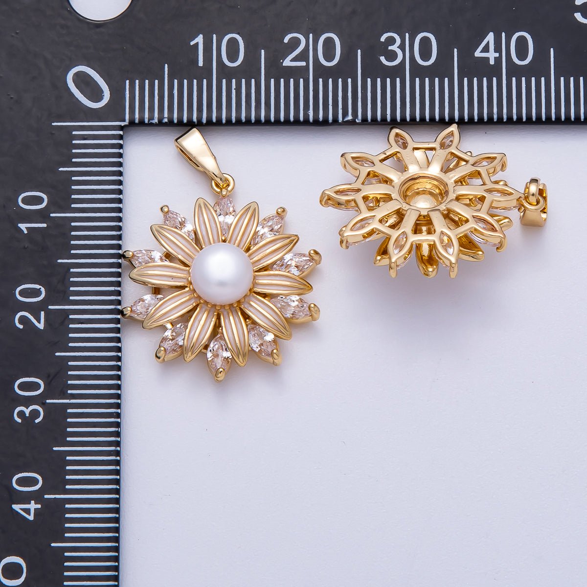 18K Gold Filled 23mm Shell Pearl Marquise CZ Blooming Flower Pendant | Charms - 00639 - DLUXCA