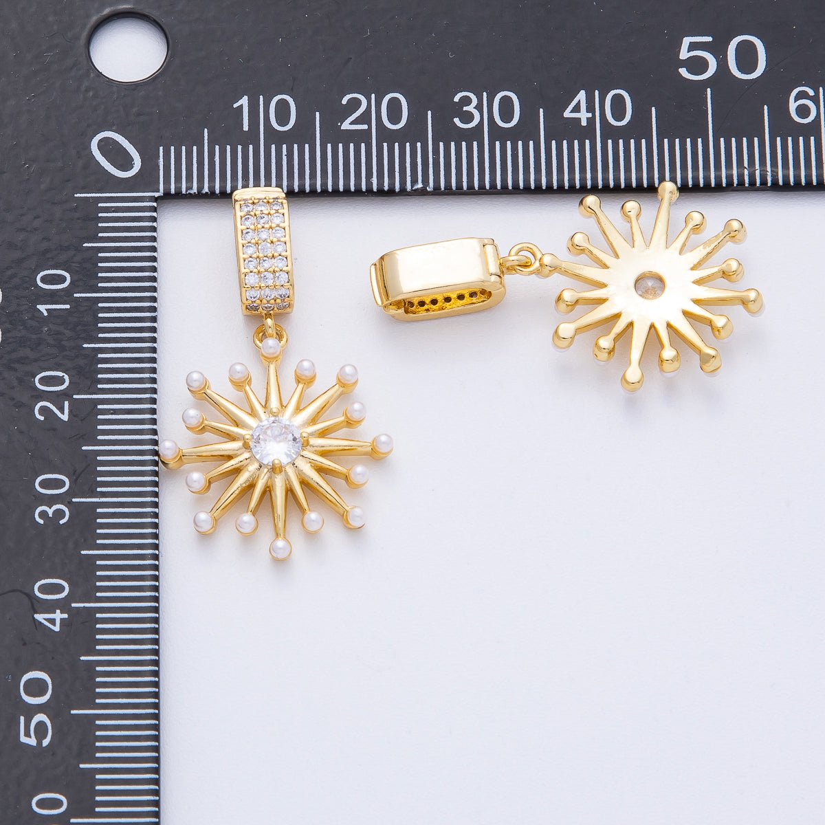 18K Gold Filled 23mm Shell Pearl Micro Paved CZ Celestial Sunburst Pendant | AF1212 - DLUXCA