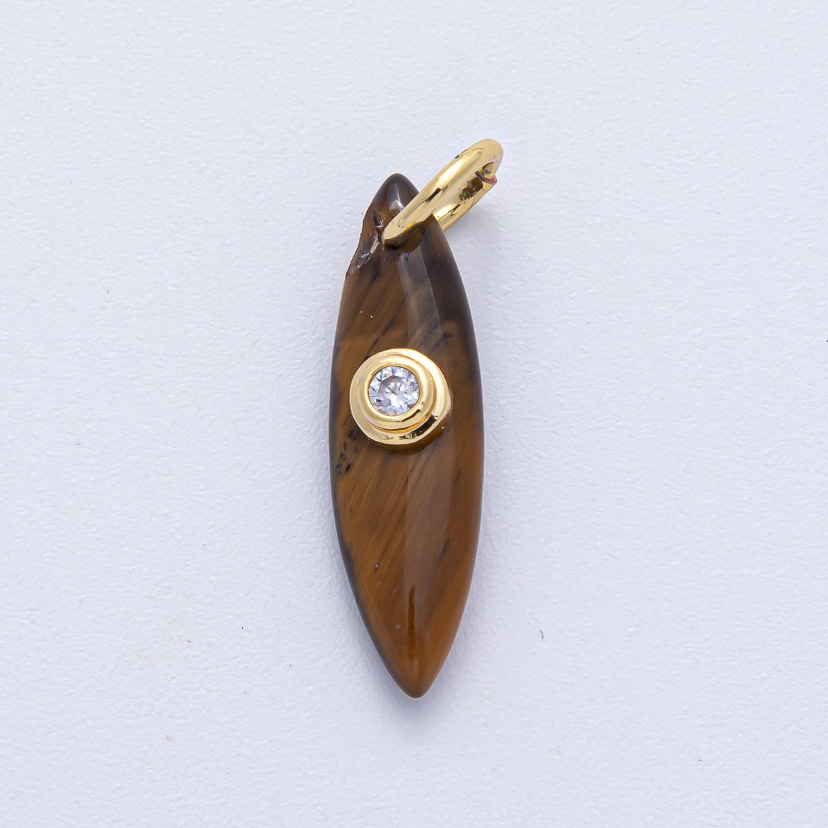 18K Gold Filled 24mm Clear CZ Embedded Tiger Eye, Rose Quartz, Turquoise, Amazonite Gemstone Navette Charm | AK127 AK128 - DLUXCA
