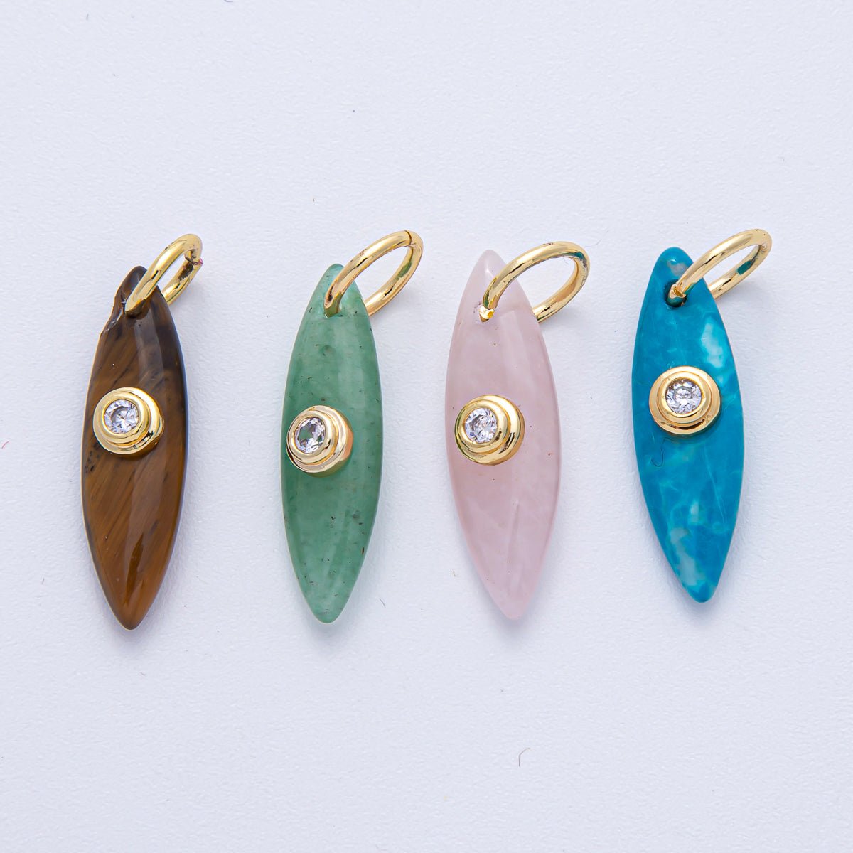 18K Gold Filled 24mm Clear CZ Embedded Tiger Eye, Rose Quartz, Turquoise, Amazonite Gemstone Navette Charm | AK127 AK128 - DLUXCA