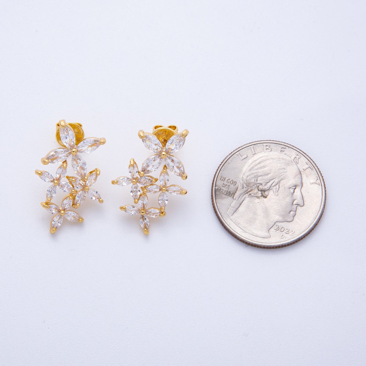 18K Gold Filled 24mm Clear CZ Flower Drop Stud Earrings | Earrings - 00123 - DLUXCA
