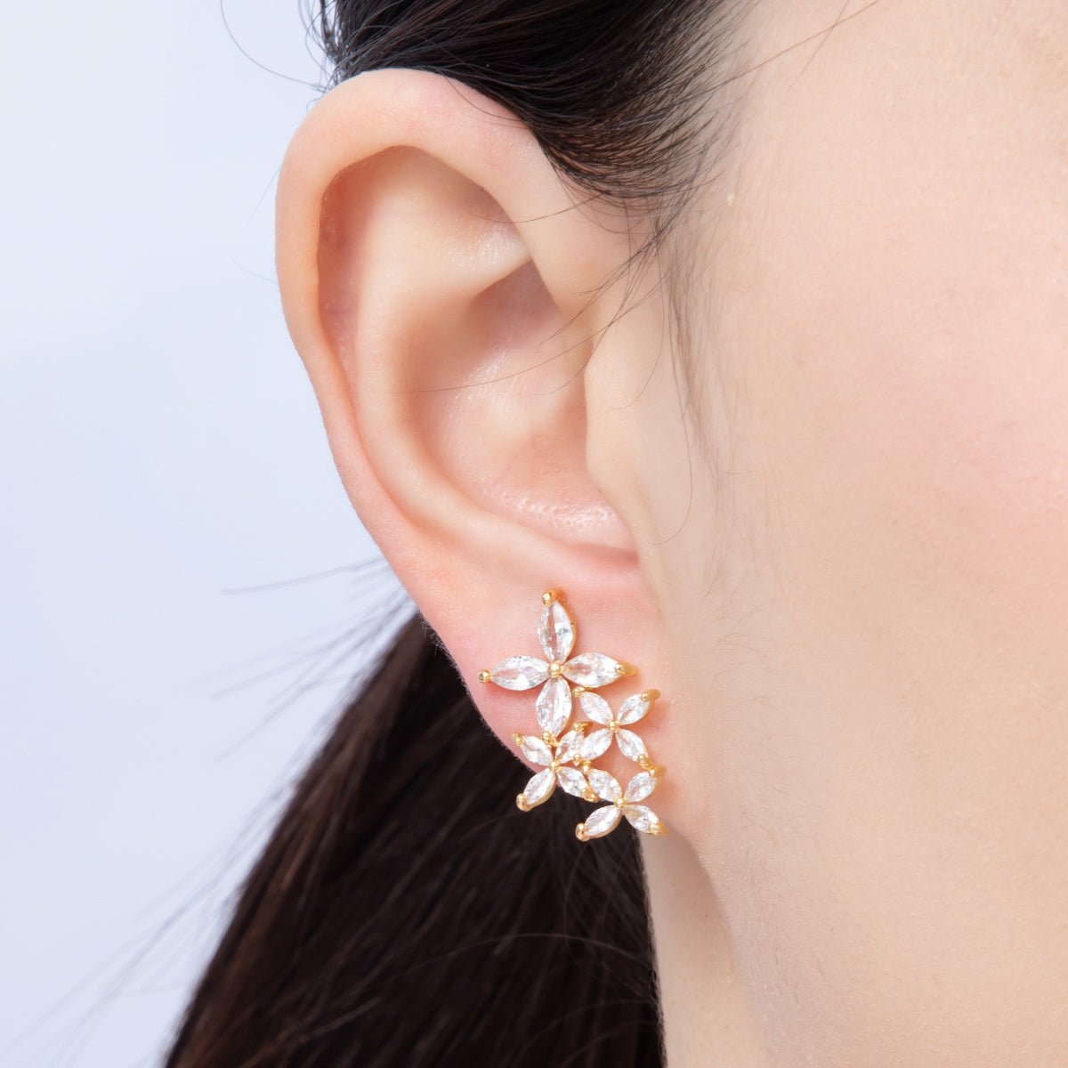 18K Gold Filled 24mm Clear CZ Flower Drop Stud Earrings | Earrings - 00123 - DLUXCA