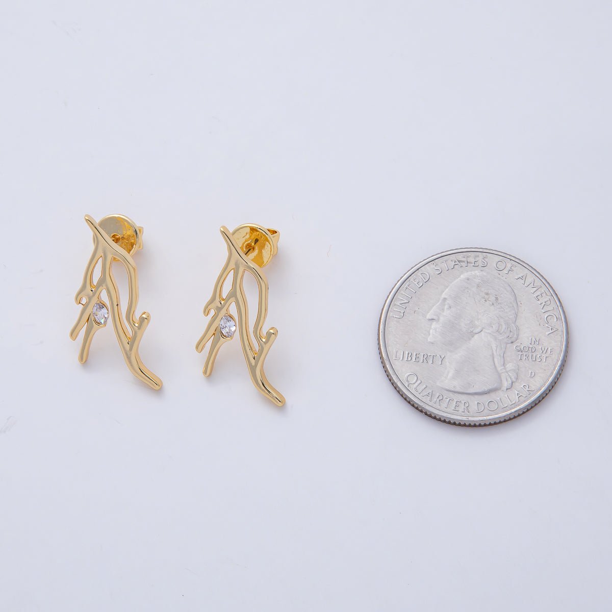 18K Gold Filled 24mm Clear CZ Geometric Lined Leaf Stud Earrings | AD1665 - DLUXCA