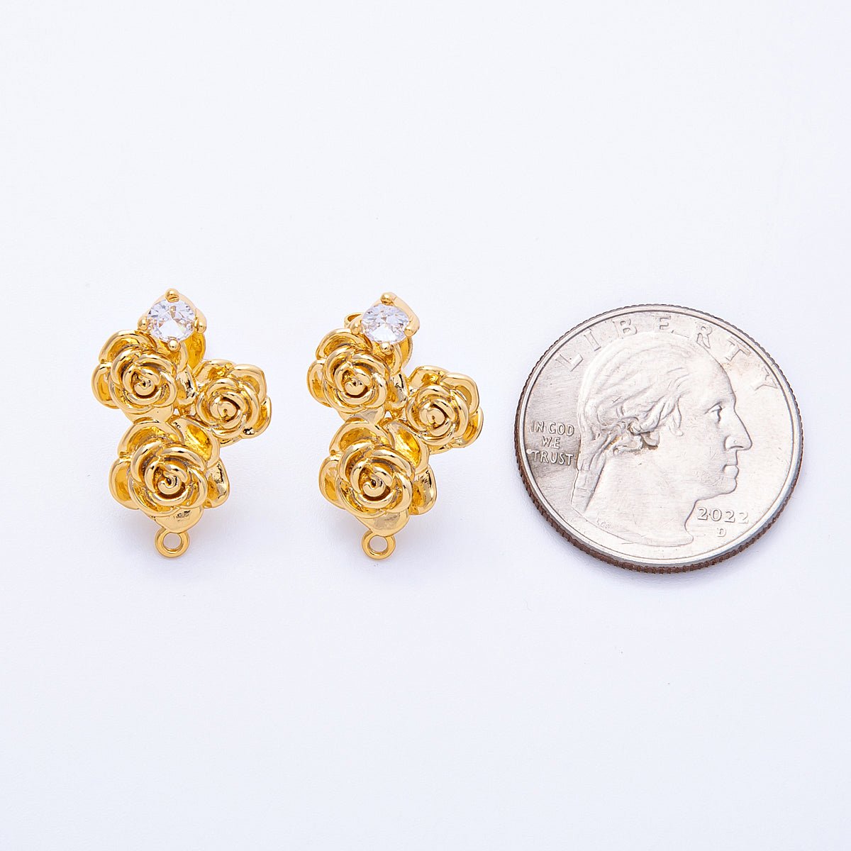 18K Gold Filled 24mm Clear CZ Rose Flower Loop Drop Stud Earring Findings | Findings - 00075 - DLUXCA