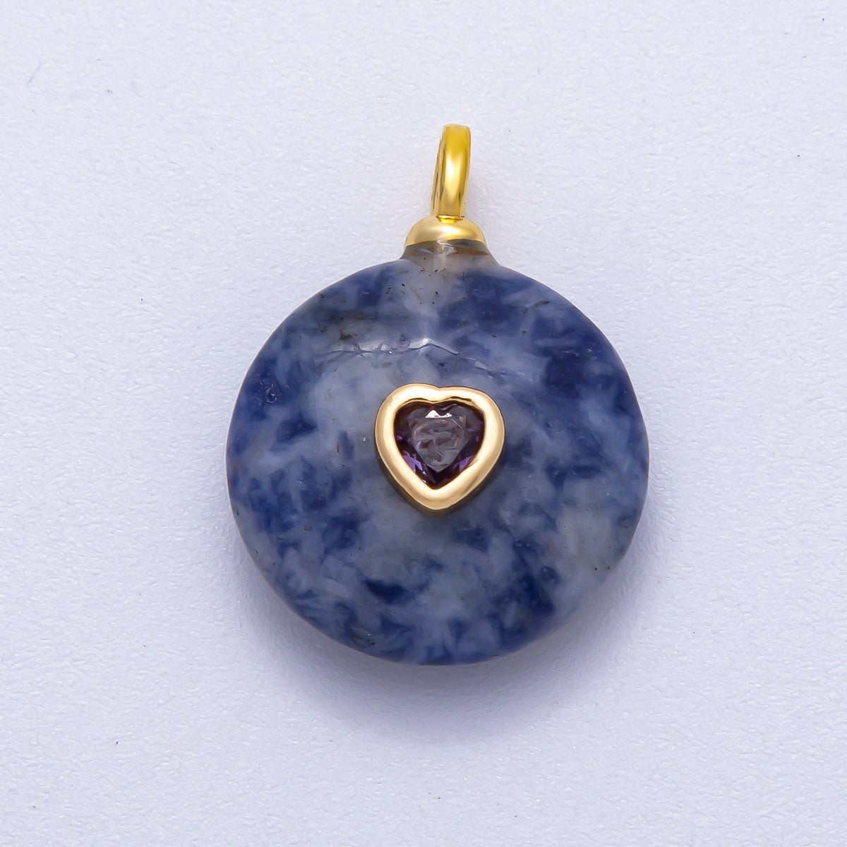 18K Gold Filled 24mm Heart CZ Embedded Natural Gemstone Round Pendant | Charms - 00533 ~ Charms - 00537 - DLUXCA