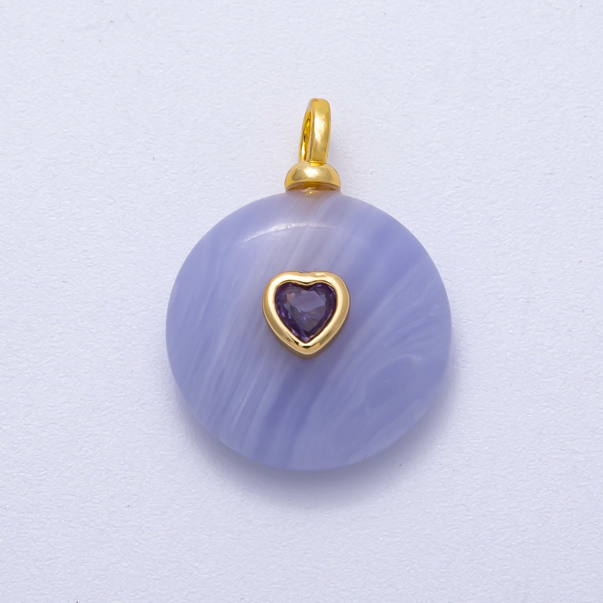 18K Gold Filled 24mm Heart CZ Embedded Natural Gemstone Round Pendant | Charms - 00533 ~ Charms - 00537 - DLUXCA