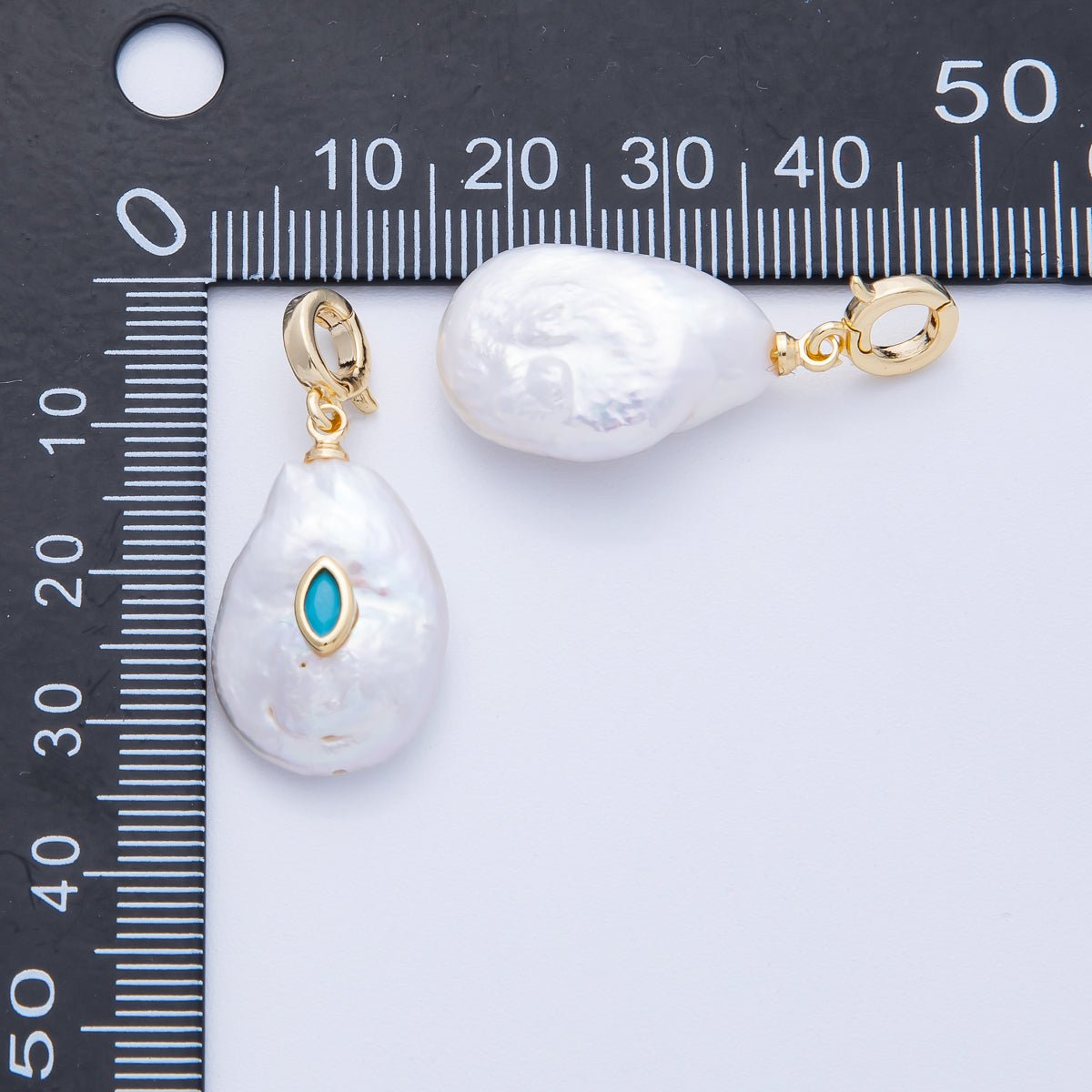 18K Gold Filled 24mm Turquoise, Green CZ Marquise Freshwater Pearl Snap Latch Pendant | AF641 - DLUXCA