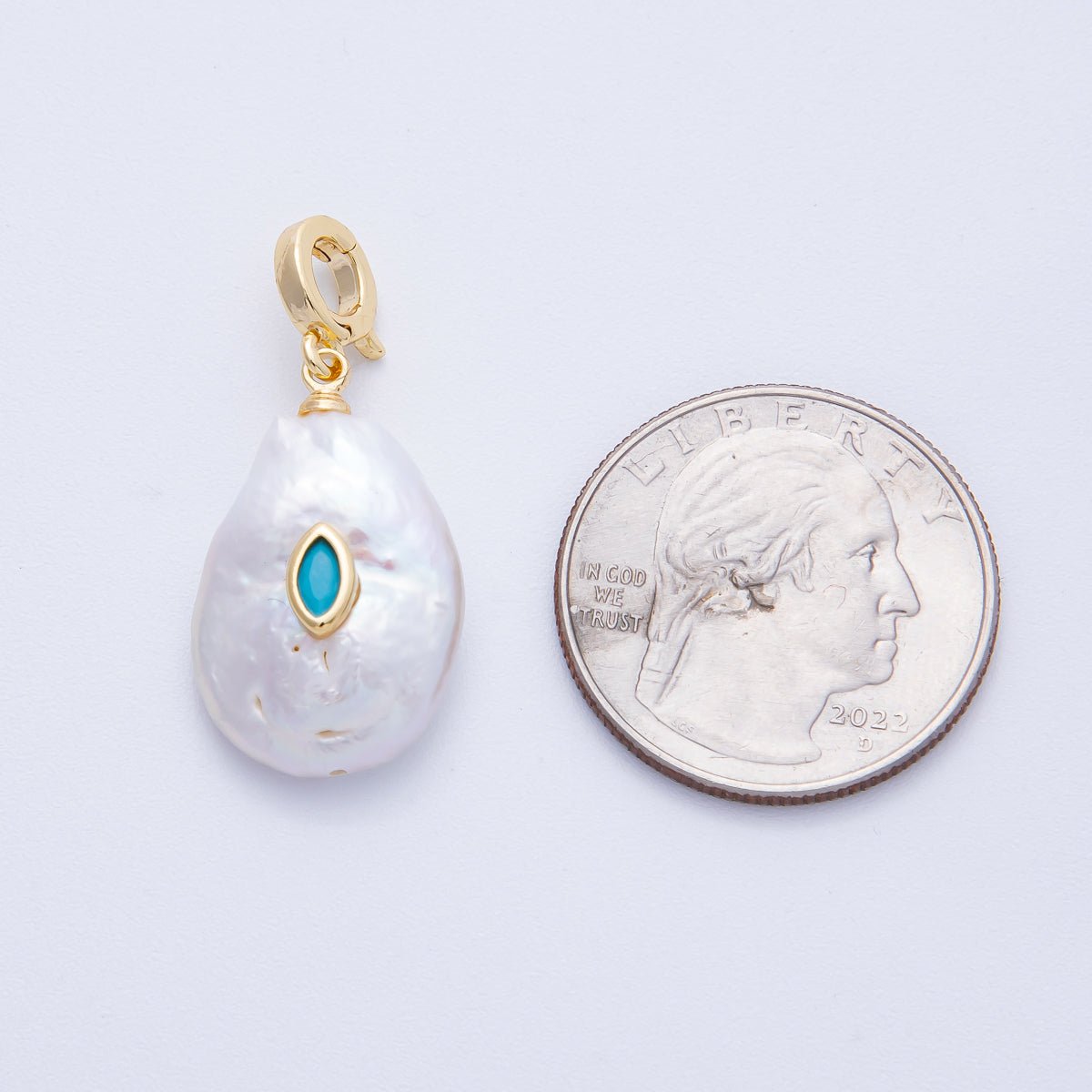 18K Gold Filled 24mm Turquoise, Green CZ Marquise Freshwater Pearl Snap Latch Pendant | AF641 - DLUXCA