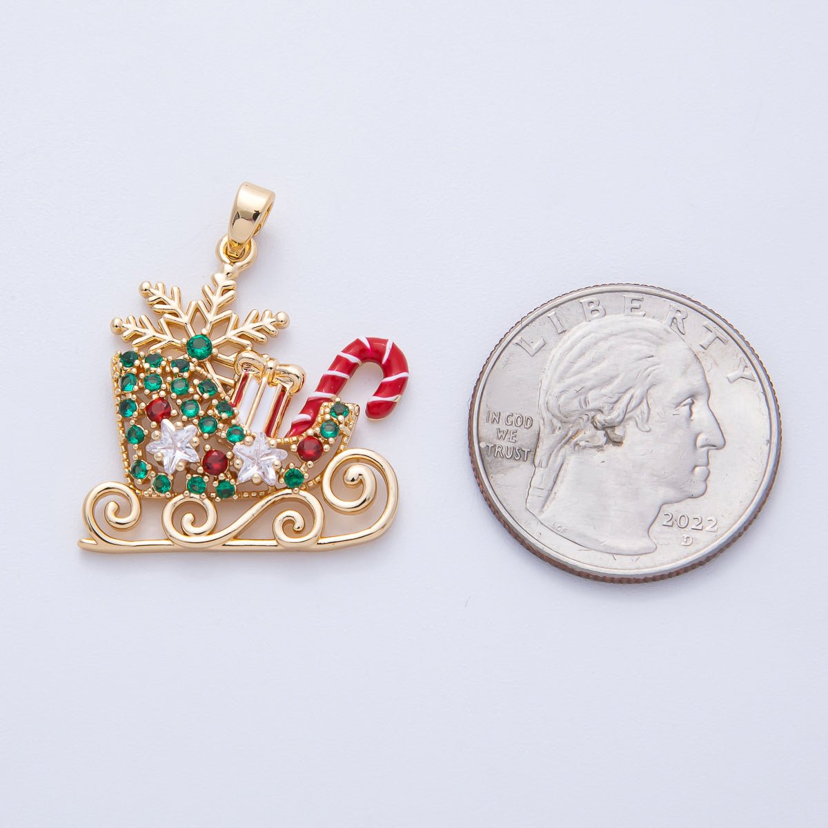 18K Gold Filled 25.5mm Christmas Sled Presents Candy Cane Snow Holiday Pendant | H030 - DLUXCA