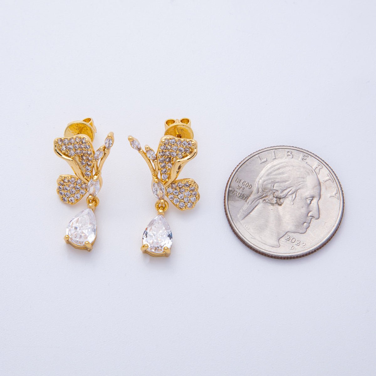 18K Gold Filled 25.8mm Clear CZ Micro Paved CZ Butterfly Stud Earrings Set | Earrings - 00129 - DLUXCA