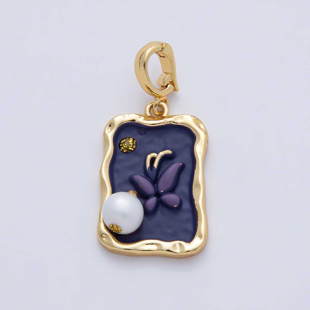 18K Gold Filled 25mm Blue and Purple Enamel Butterfly Mariposa Animals with White Shell Pearl Pendant Charm | AF1193 - DLUXCA