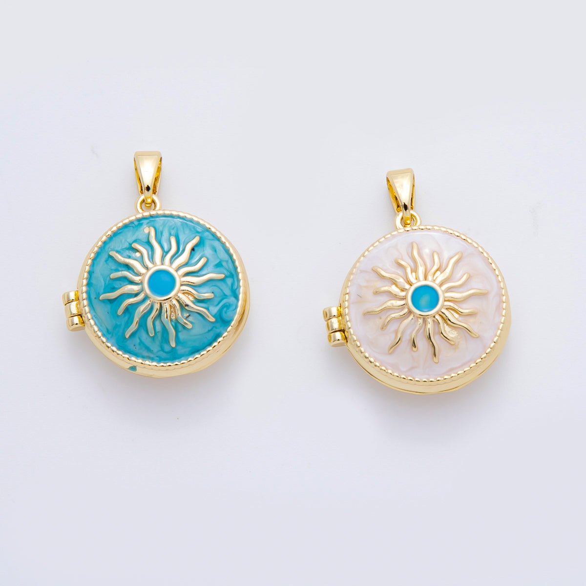 18K Gold Filled 25mm Blue, White Enamel Sunburst Celestial Sun Locket Pendant | AF - A1109 - DLUXCA