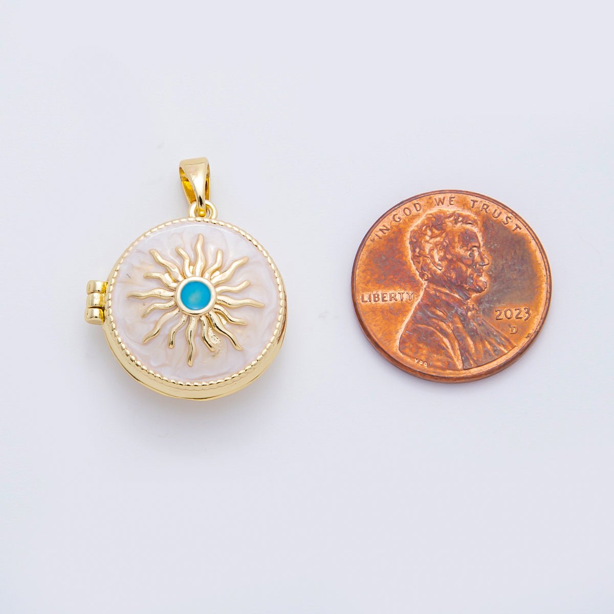18K Gold Filled 25mm Blue, White Enamel Sunburst Celestial Sun Locket Pendant | AF - A1109 - DLUXCA