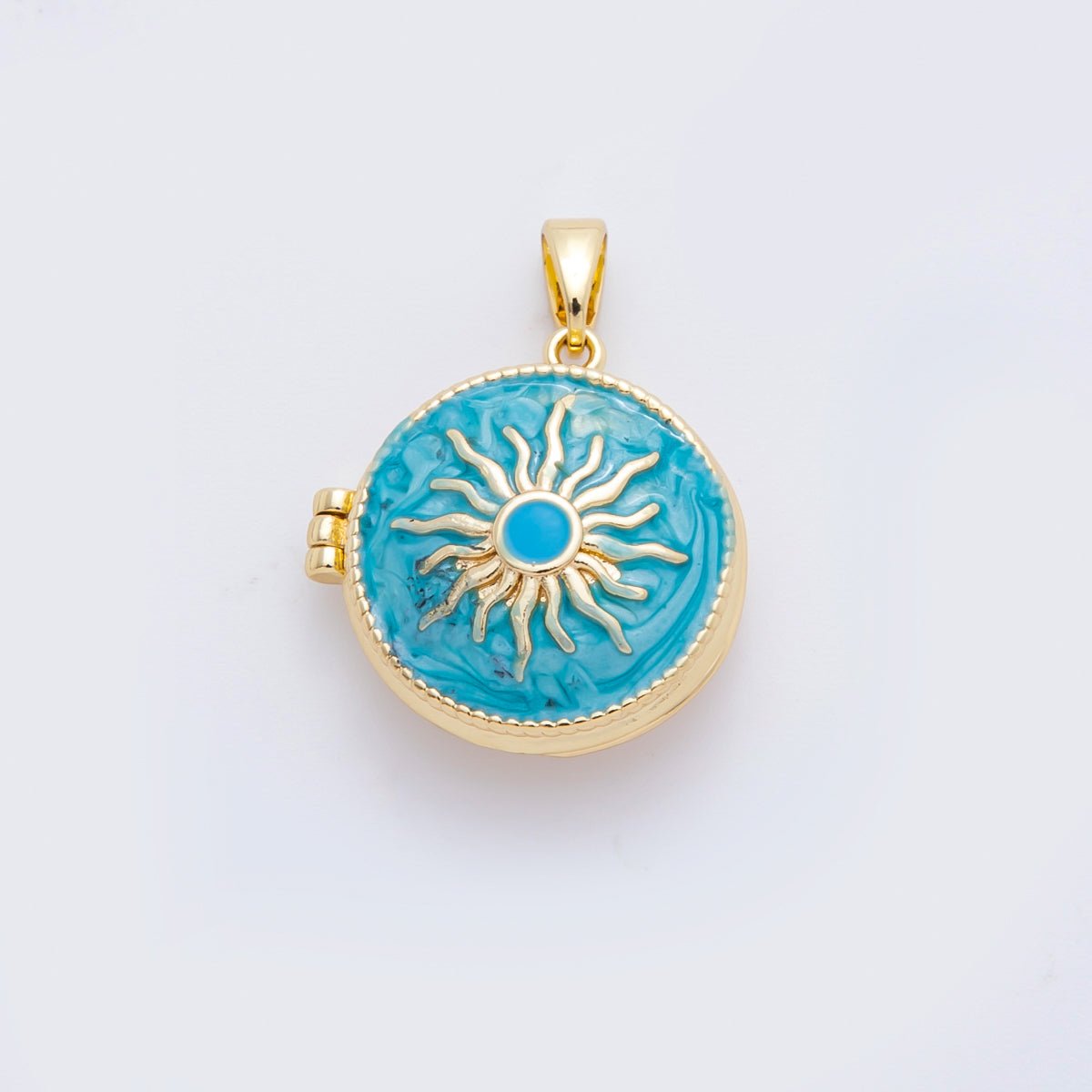 18K Gold Filled 25mm Blue, White Enamel Sunburst Celestial Sun Locket Pendant | AF - A1109 - DLUXCA