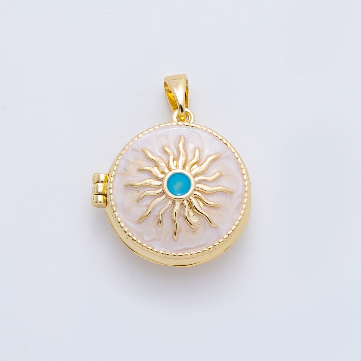 18K Gold Filled 25mm Blue, White Enamel Sunburst Celestial Sun Locket Pendant | AF - A1109 - DLUXCA