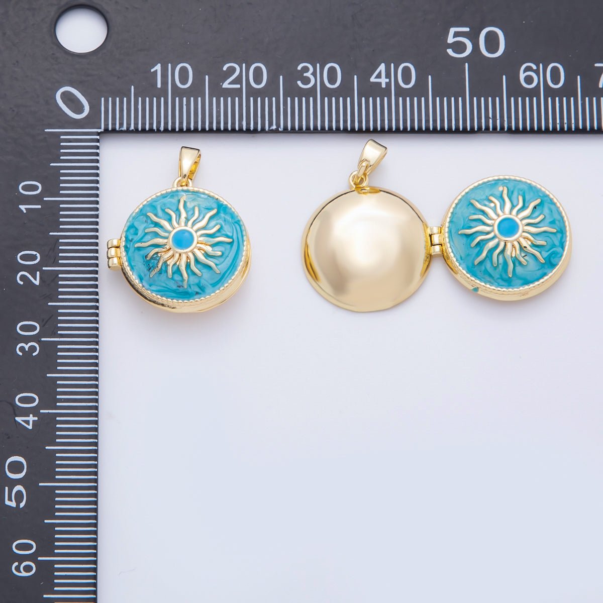 18K Gold Filled 25mm Blue, White Enamel Sunburst Celestial Sun Locket Pendant | AF - A1109 - DLUXCA