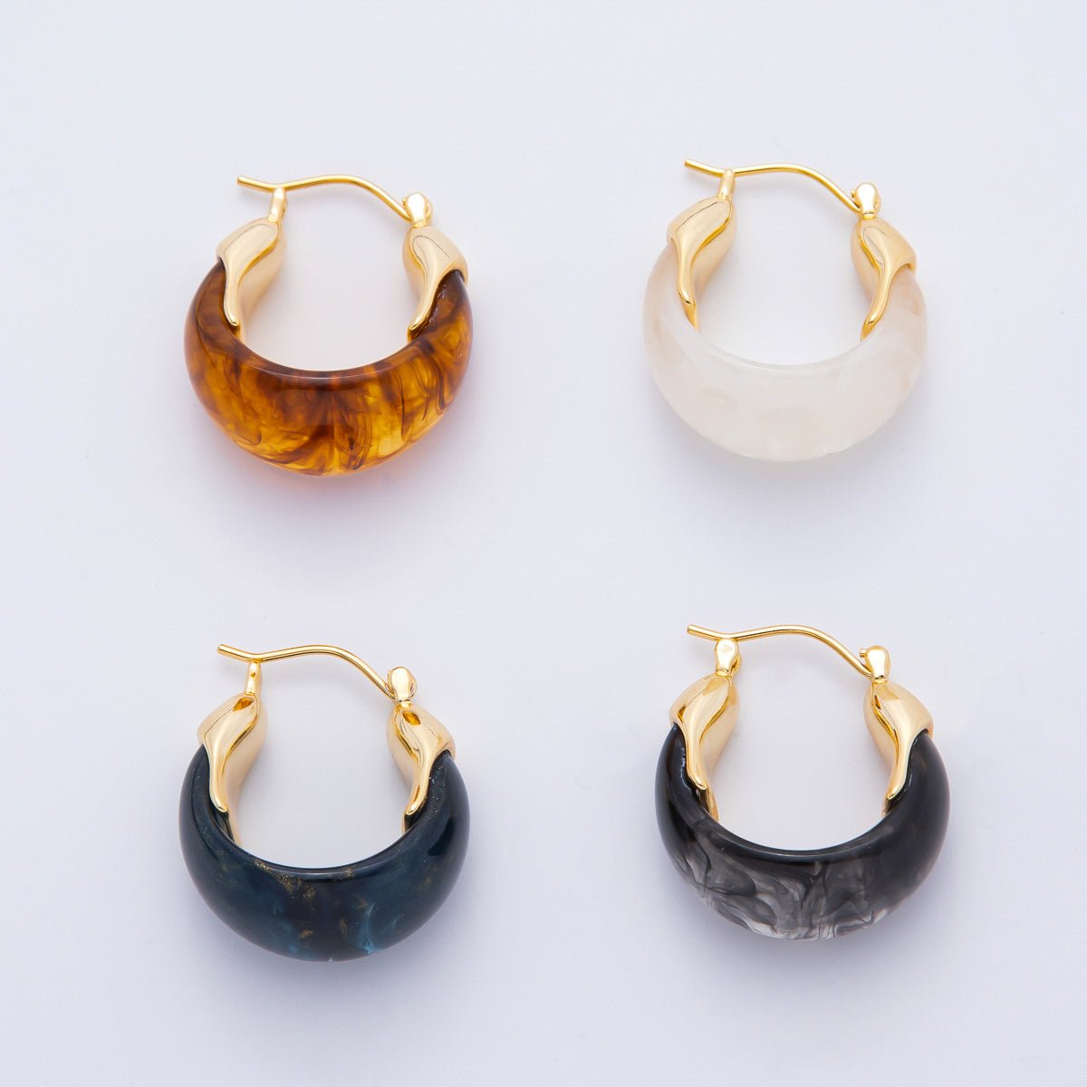 18K Gold Filled 25mm Brown, White, Blue, Black Resin Molten Gold Latch Hoops Earrings | AJ261 - AJ264 - DLUXCA