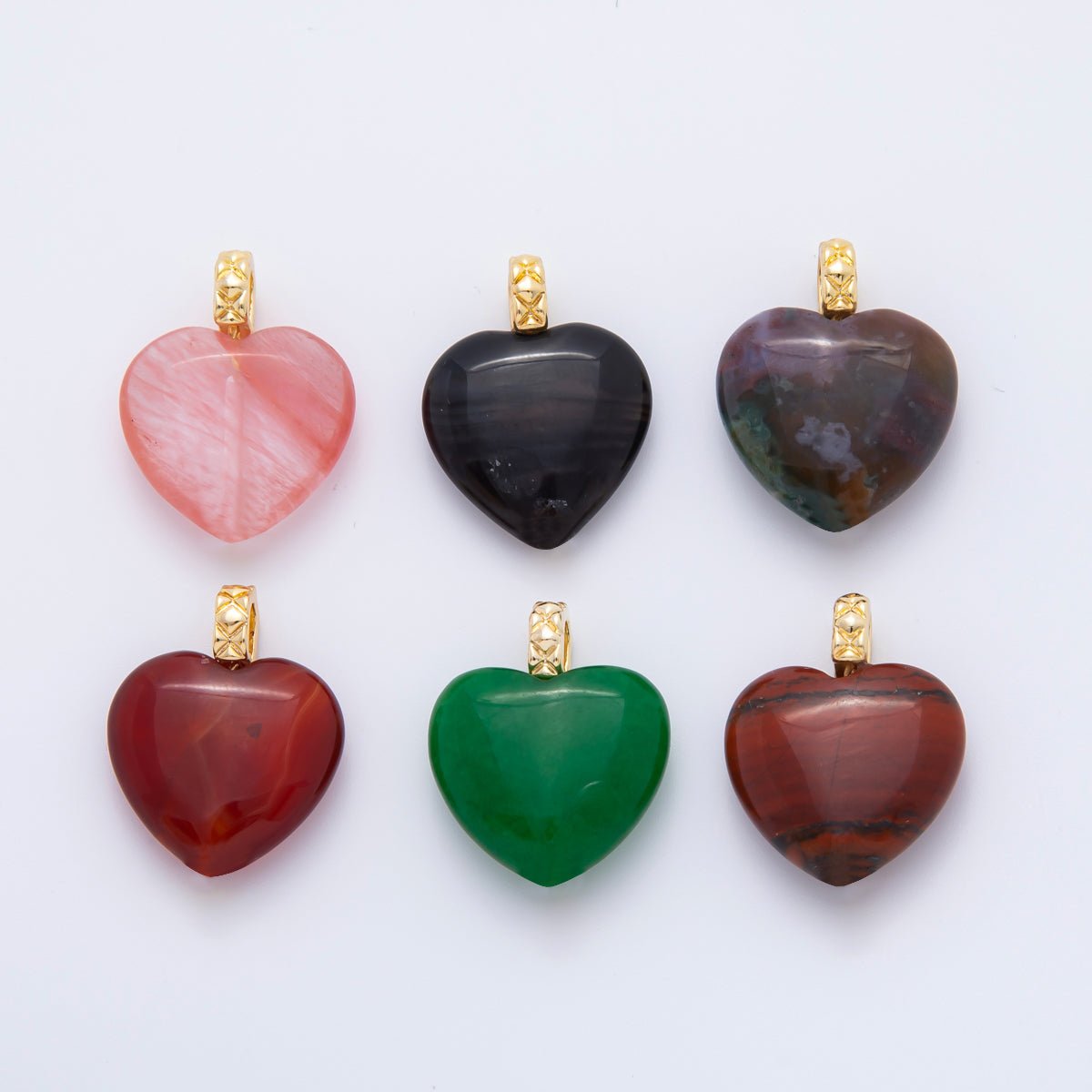 18K Gold Filled 25mm Carnelian, Agate, & Jade Gemstone Puffy Heart Shaped Charm | C766 C834 C846 - DLUXCA
