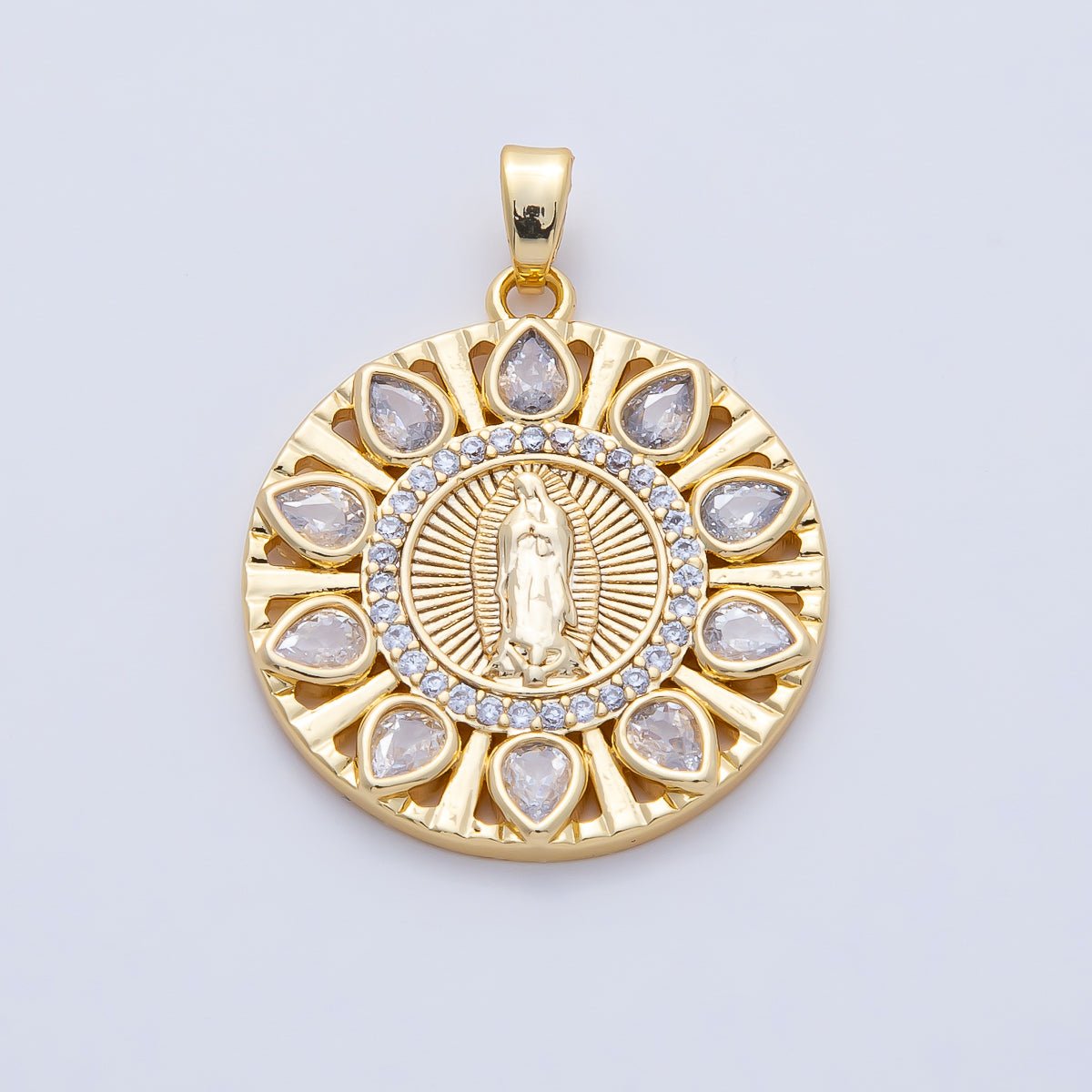 18K Gold Filled 25mm Clear, Multicolor CZ Miraculous Lady Mother Mary Round Pendant | AF1202 - DLUXCA