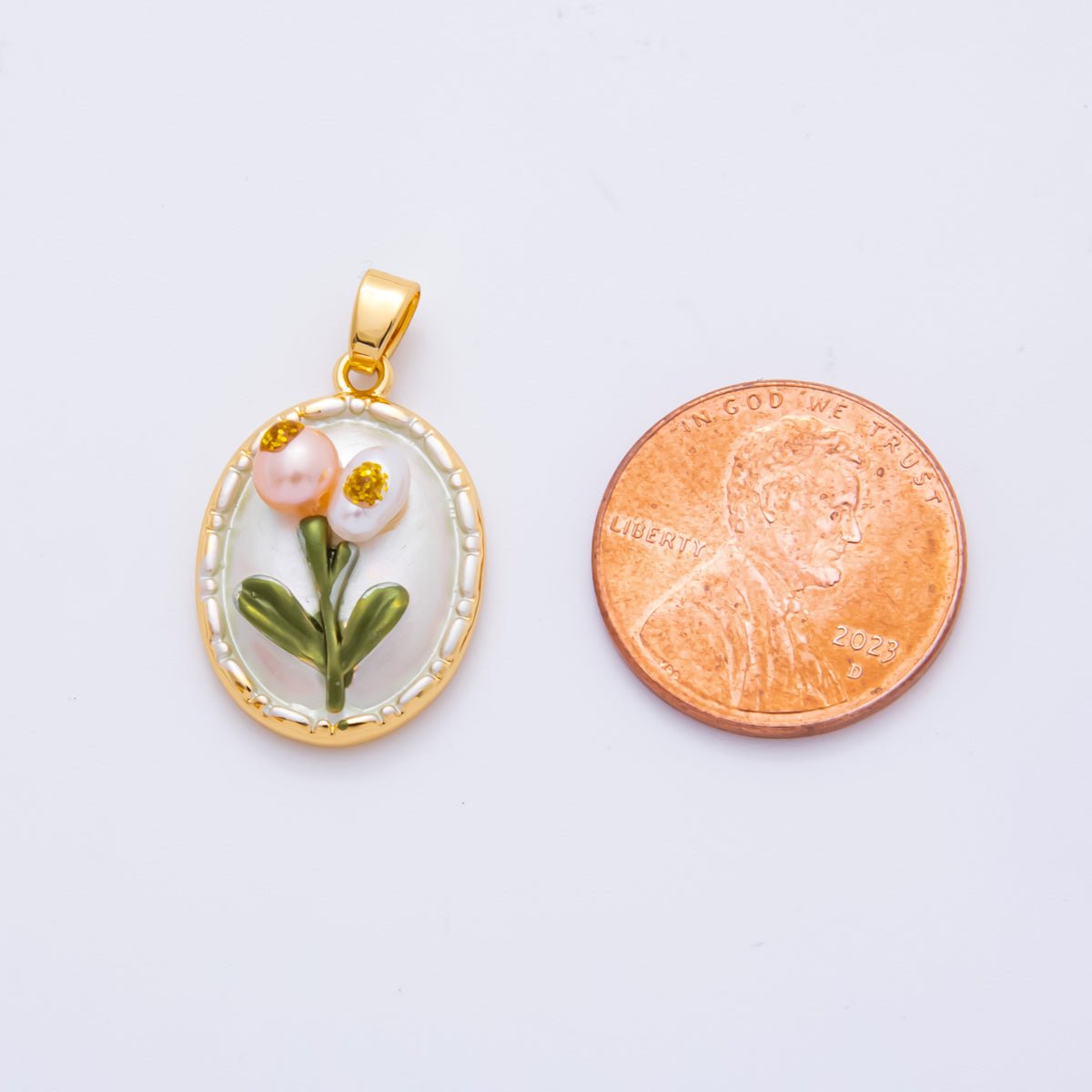 18K Gold Filled 25mm Enamel Art Shell Pearl Blooming Flower Pendant | AH - 812 - DLUXCA
