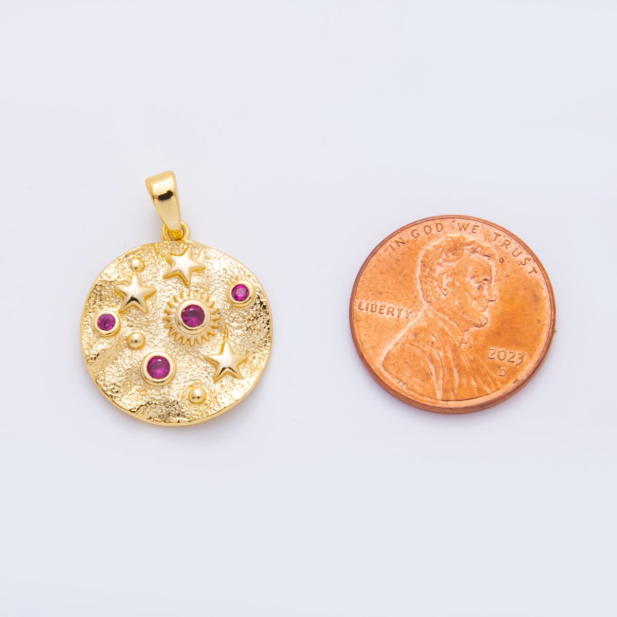 18K Gold Filled 25mm Fuchsia CZ Celestial Star Textured Foil Round Charm | AH816 - DLUXCA
