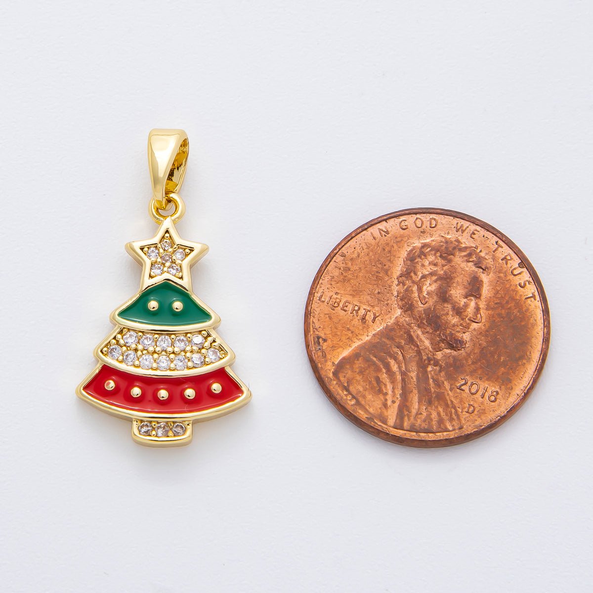 18K Gold Filled 25mm Micro Paved CZ Enamel Red & Green Christmas Tree Pendant | AF - A1139 - DLUXCA