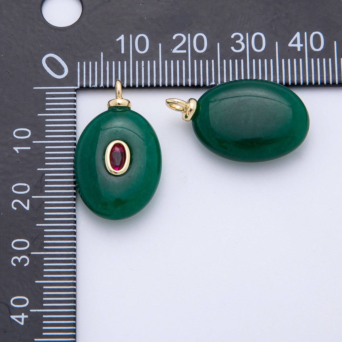 18K Gold Filled 25mm Red CZ Oval Accent Malaysian Jade Gemstone Drop Charm | AF1325 - DLUXCA