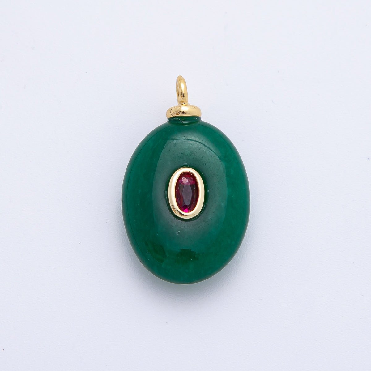 18K Gold Filled 25mm Red CZ Oval Accent Malaysian Jade Gemstone Drop Charm | AF1325 - DLUXCA