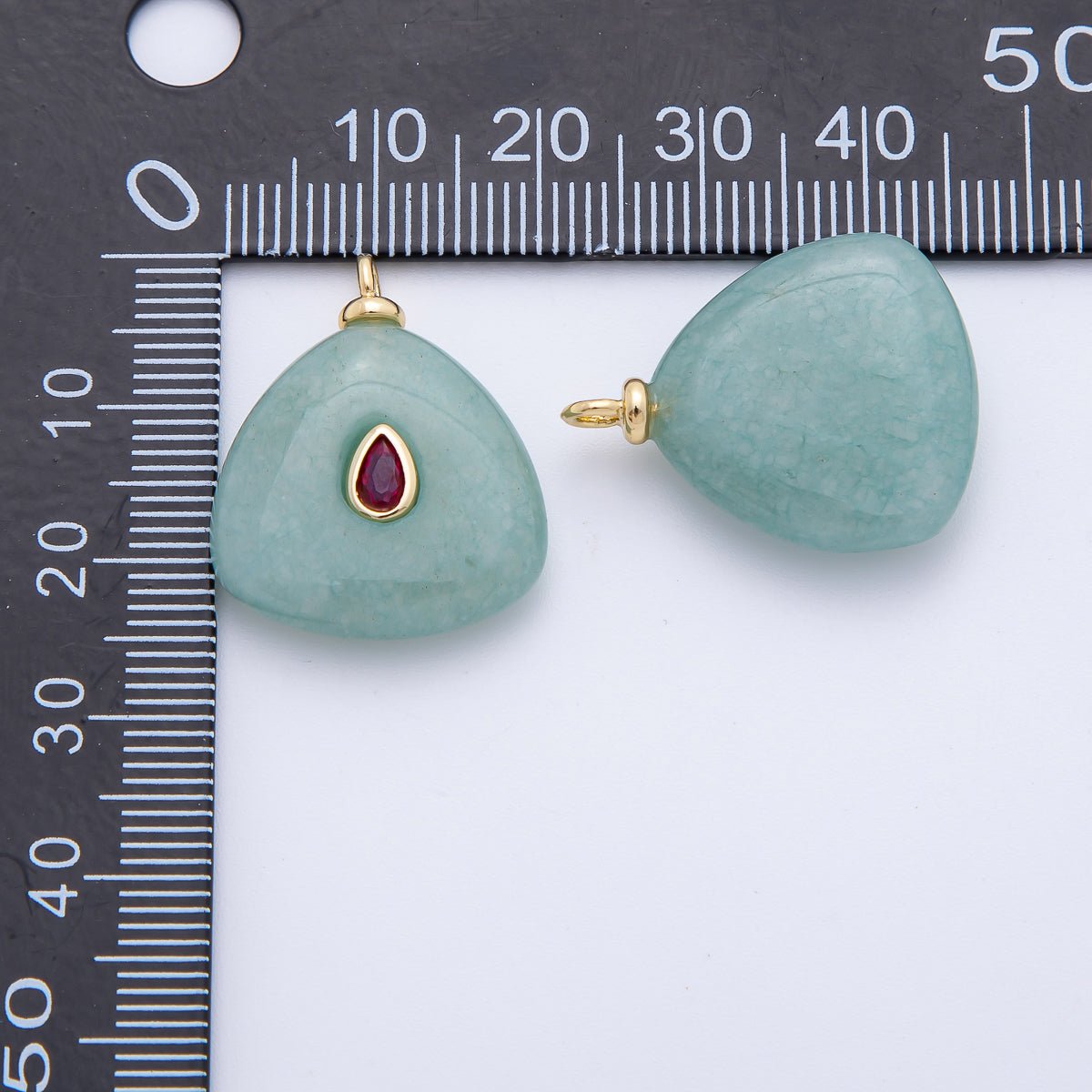 18K Gold Filled 25mm Red CZ Teardrop Accent Triangle Green Aventurine Gemstone Drop Charm | AF1330 - DLUXCA