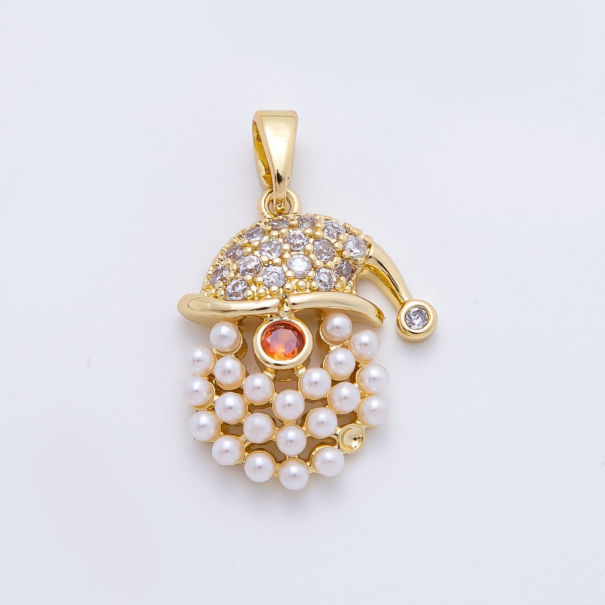 18K Gold Filled 25mm Round CZ Santa Claus Saint Nicholas Shell Pearl Beard Christmas Pendant | AF1143 - DLUXCA