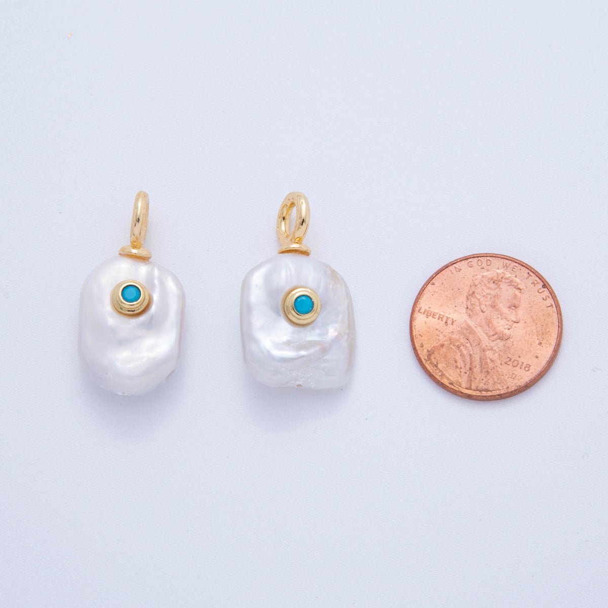 18K Gold Filled 25mm Teal Turquoise Blue CZ Freshwater Island Drop Pearl Charm | AF616 - DLUXCA