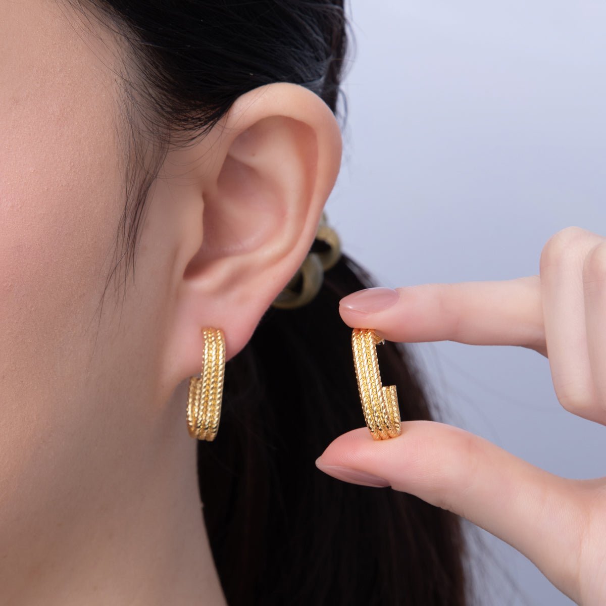 18K Gold Filled 25mm Triple Rope J - Shaped Hoop Earrings | AD1650 - DLUXCA