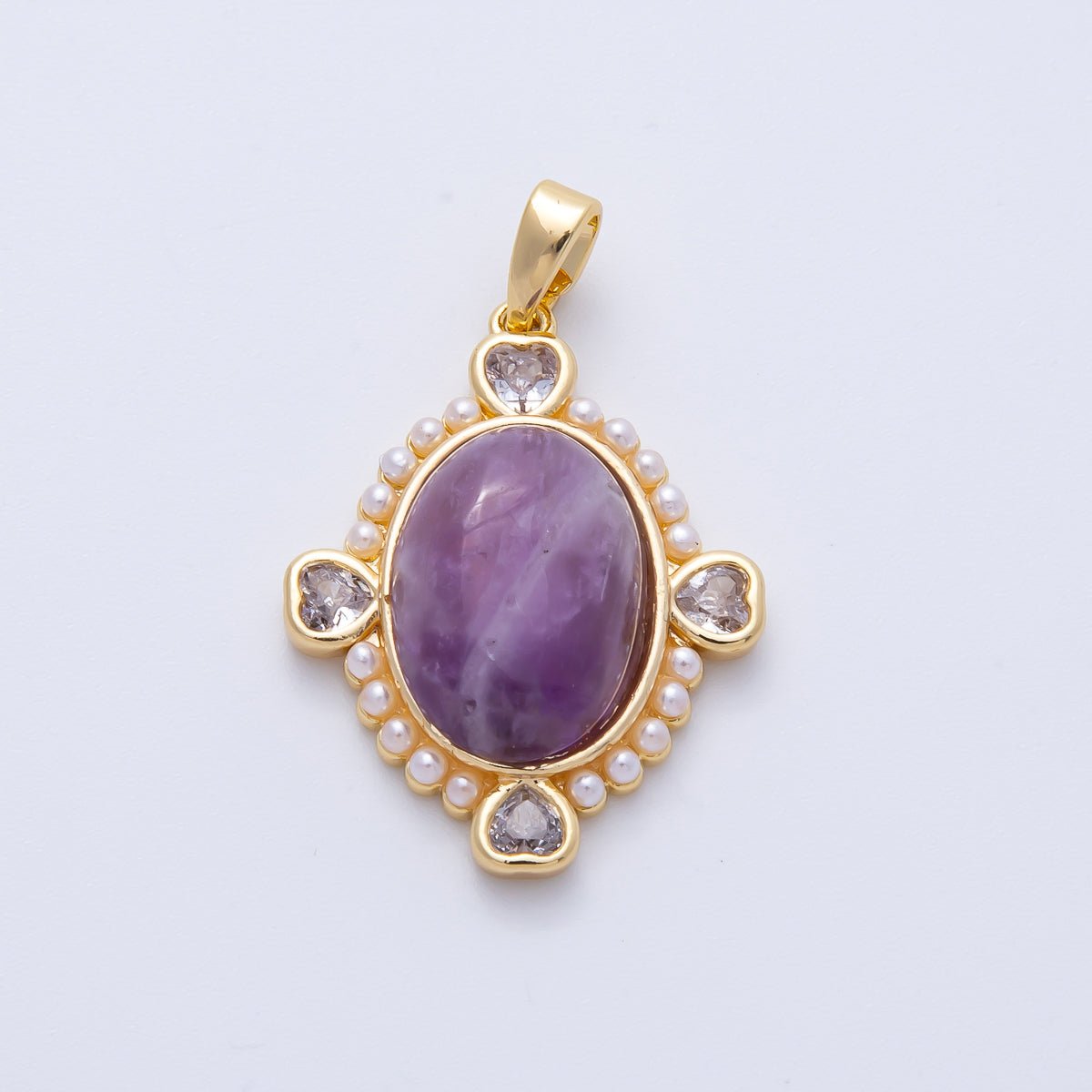 18K Gold Filled 25mm White Shell Pearl Heart CZ Shaped Oval Natural Gemstone Pendant | Charms - 00079 - DLUXCA