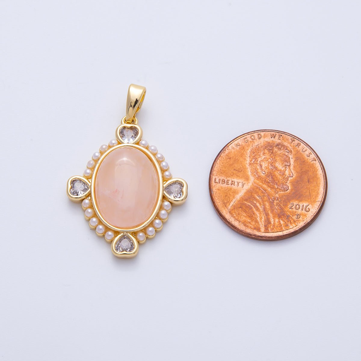 18K Gold Filled 25mm White Shell Pearl Heart CZ Shaped Oval Natural Gemstone Pendant | Charms - 00079 - DLUXCA