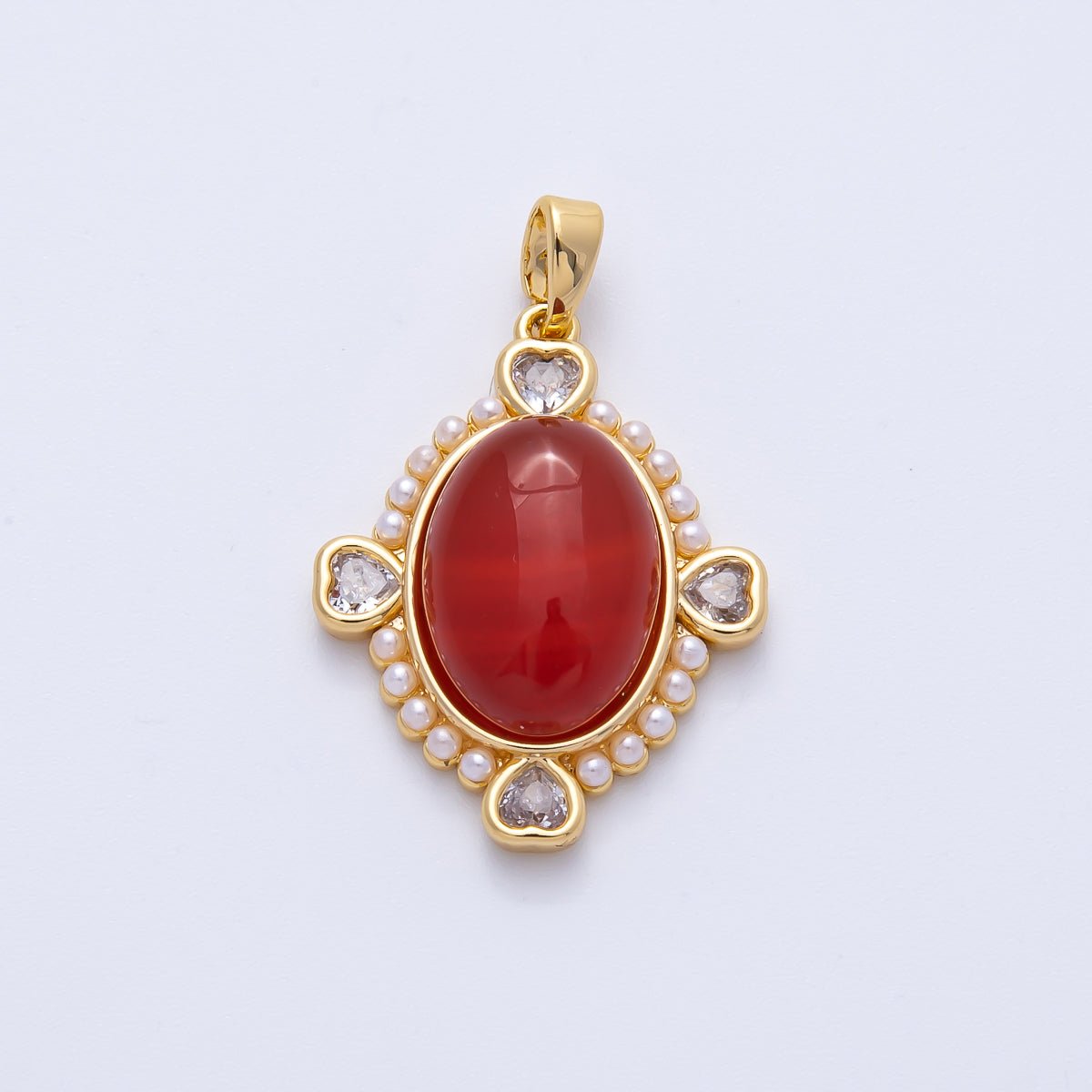 18K Gold Filled 25mm White Shell Pearl Heart CZ Shaped Oval Natural Gemstone Pendant | Charms - 00079 - DLUXCA