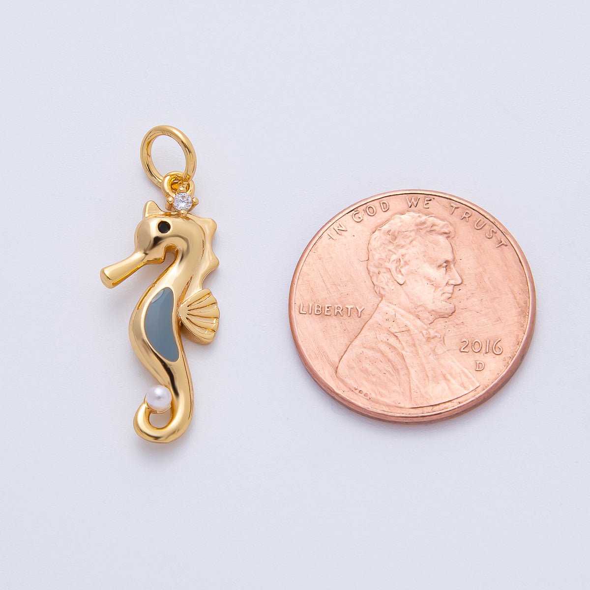 18K Gold Filled 26mm Black, Clear Round CZ Shell Pearl Under the Sea Seahorse Charm | AF1398 - DLUXCA