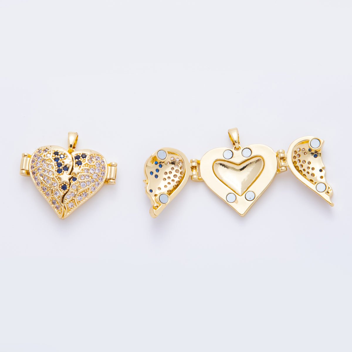 18K Gold Filled 26mm Clear & Blue Micro Paved CZ Vintage Style Heart Wings Locket Pendant | AH - 807 - DLUXCA