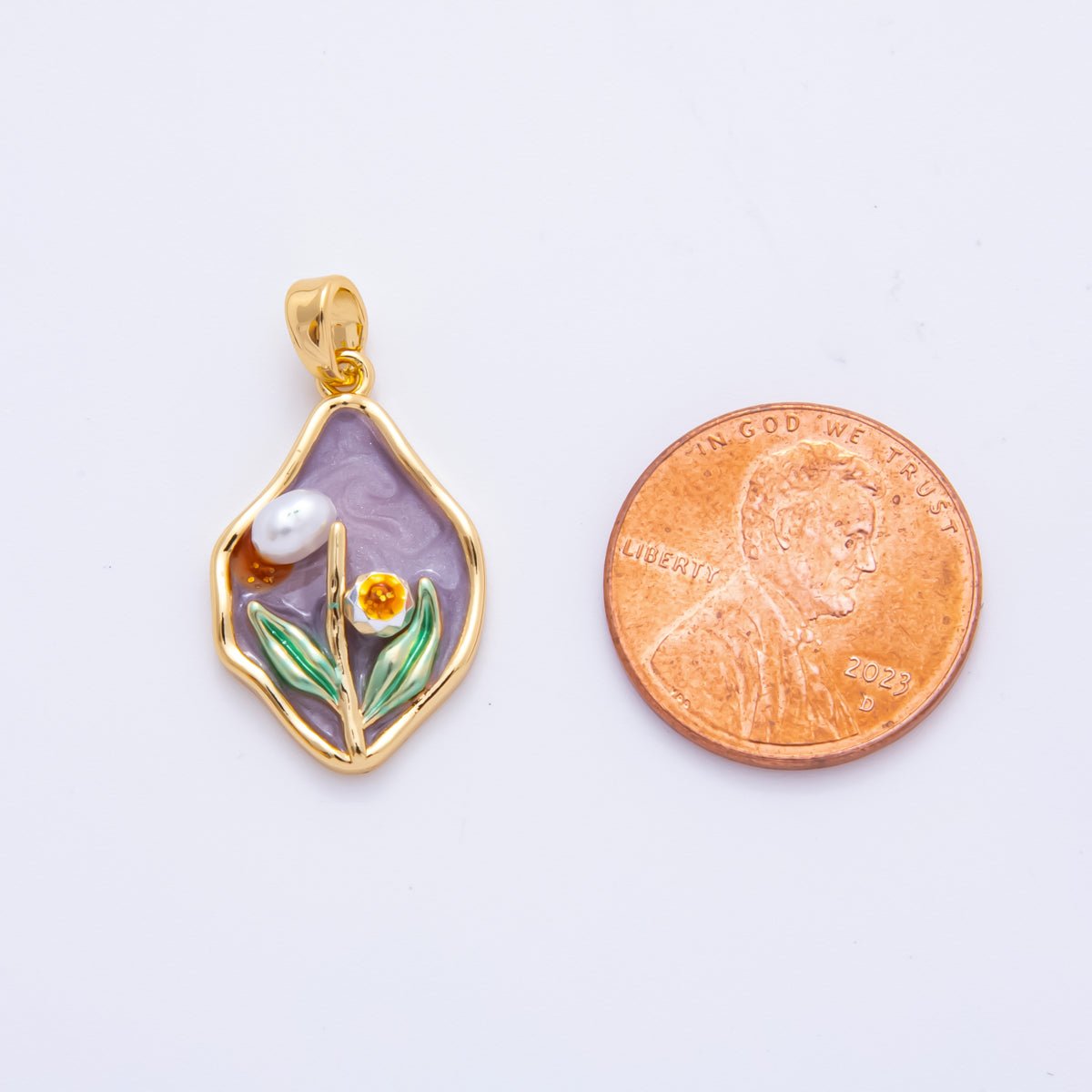 18K Gold Filled 26mm Gold CZ Enamel Art Shell Pearl Lavender Haze Flower Pendant | I - 848 - DLUXCA
