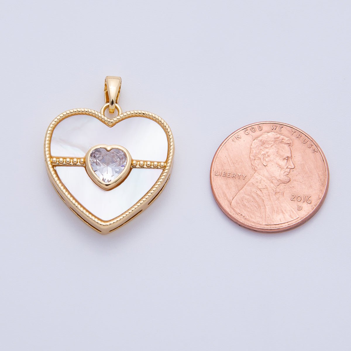 18K Gold Filled 26mm Heart - Shaped CZ Mother of Pearl Dainty Lovely Drop Pendant | AF1146 - DLUXCA