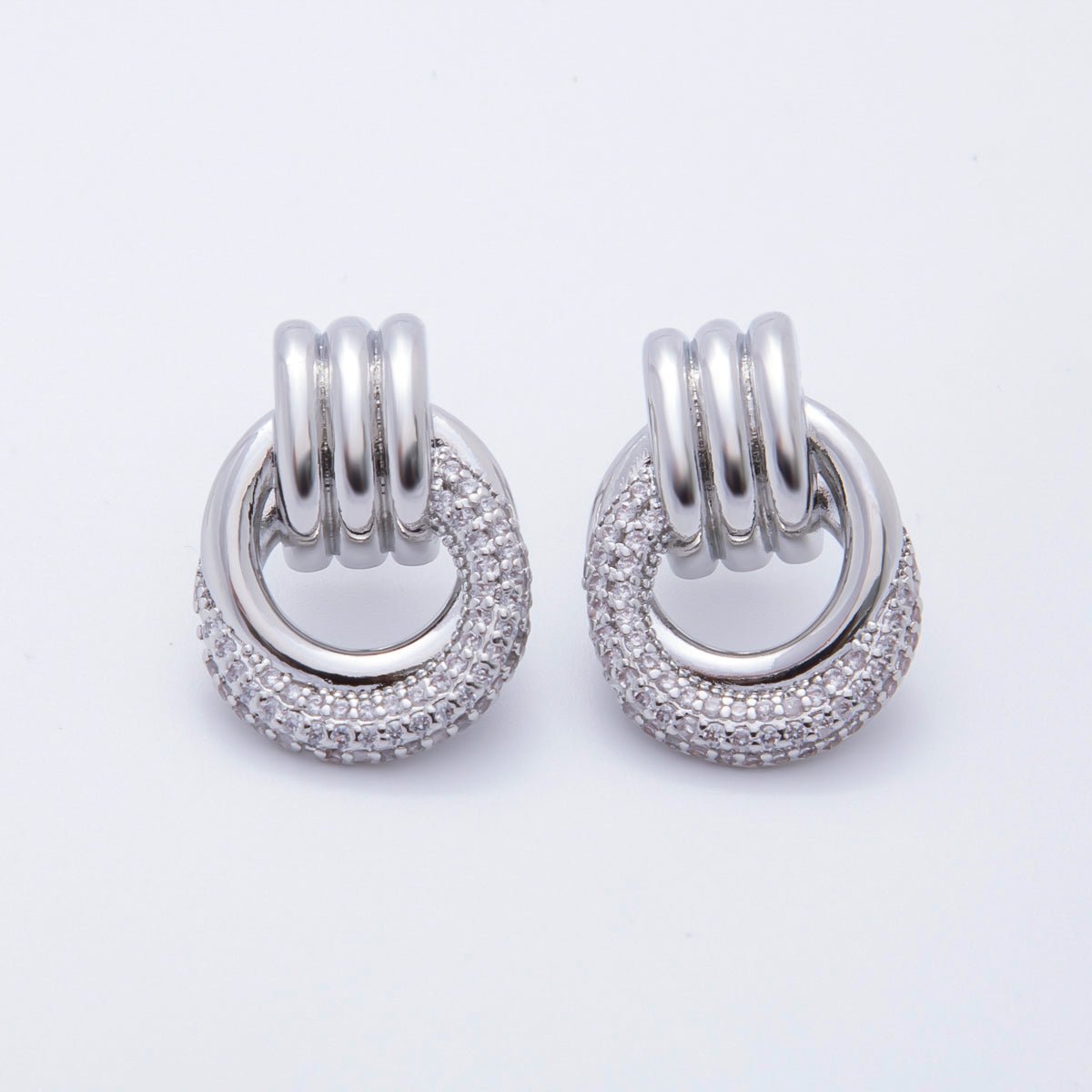 18K Gold Filled 26mm Micro Paved CZ Triple Band Door Knocker Drop Stud Earrings in Gold, Silver & Mixed Metal | AJ265 - AJ267 - DLUXCA