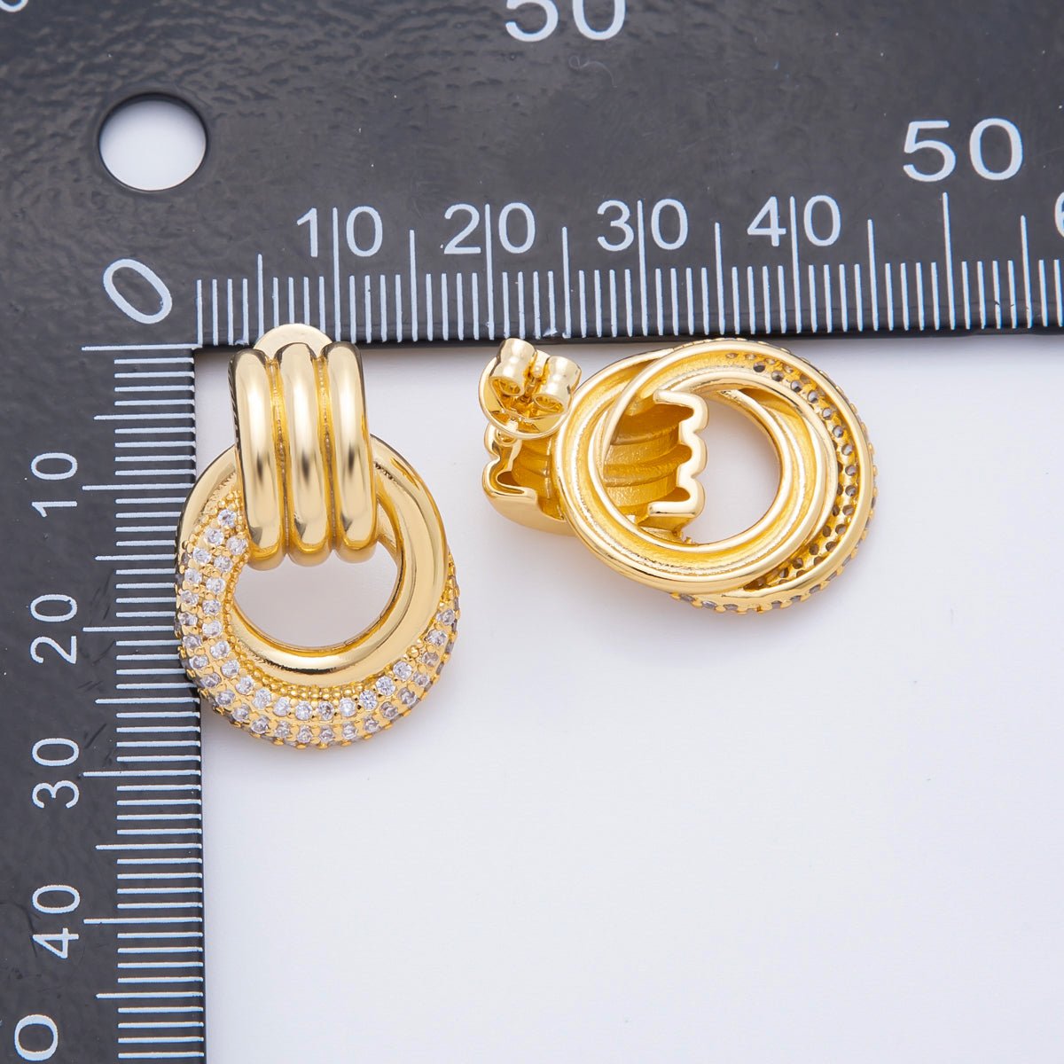 18K Gold Filled 26mm Micro Paved CZ Triple Band Door Knocker Drop Stud Earrings in Gold, Silver & Mixed Metal | AJ265 - AJ267 - DLUXCA