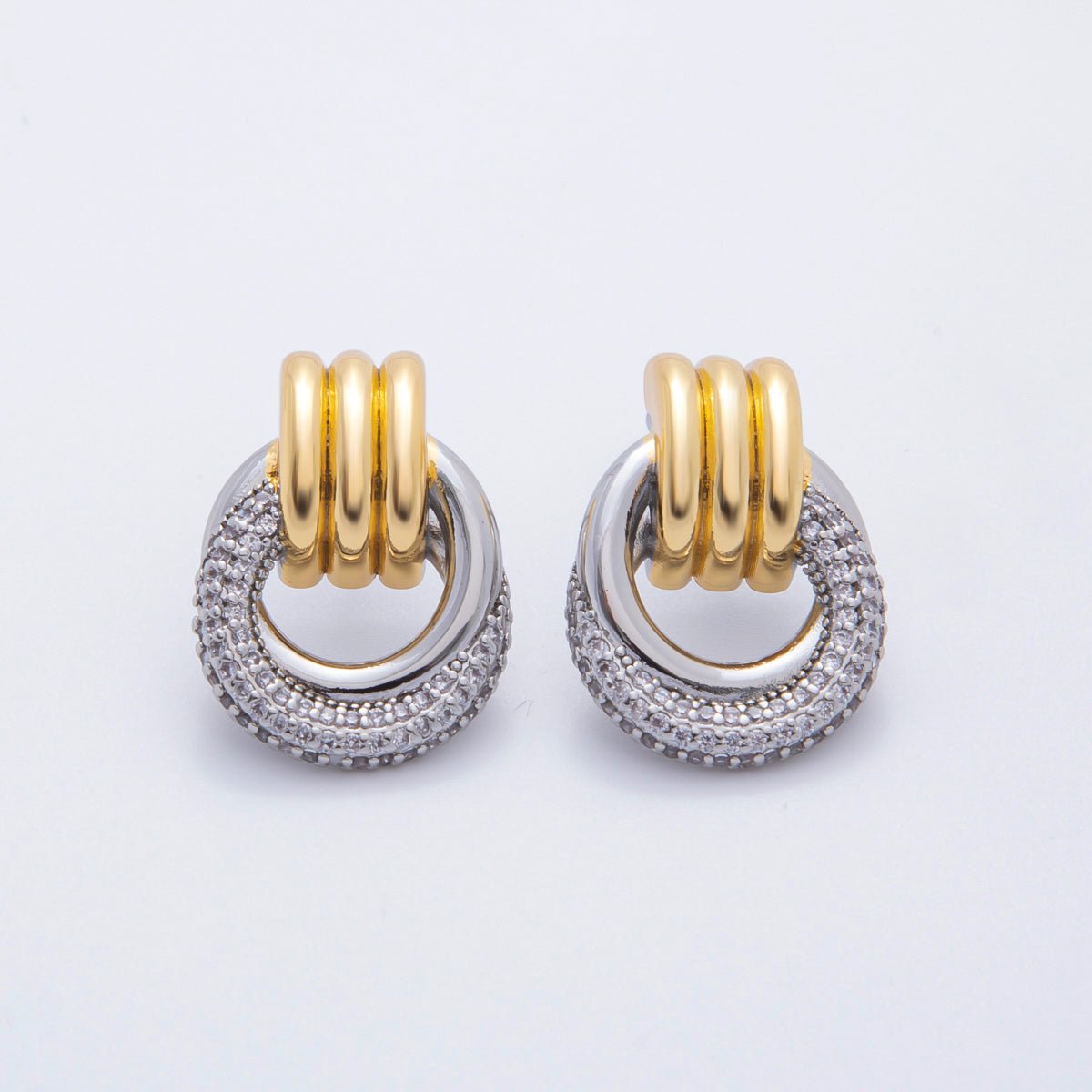 18K Gold Filled 26mm Micro Paved CZ Triple Band Door Knocker Drop Stud Earrings in Gold, Silver & Mixed Metal | AJ265 - AJ267 - DLUXCA