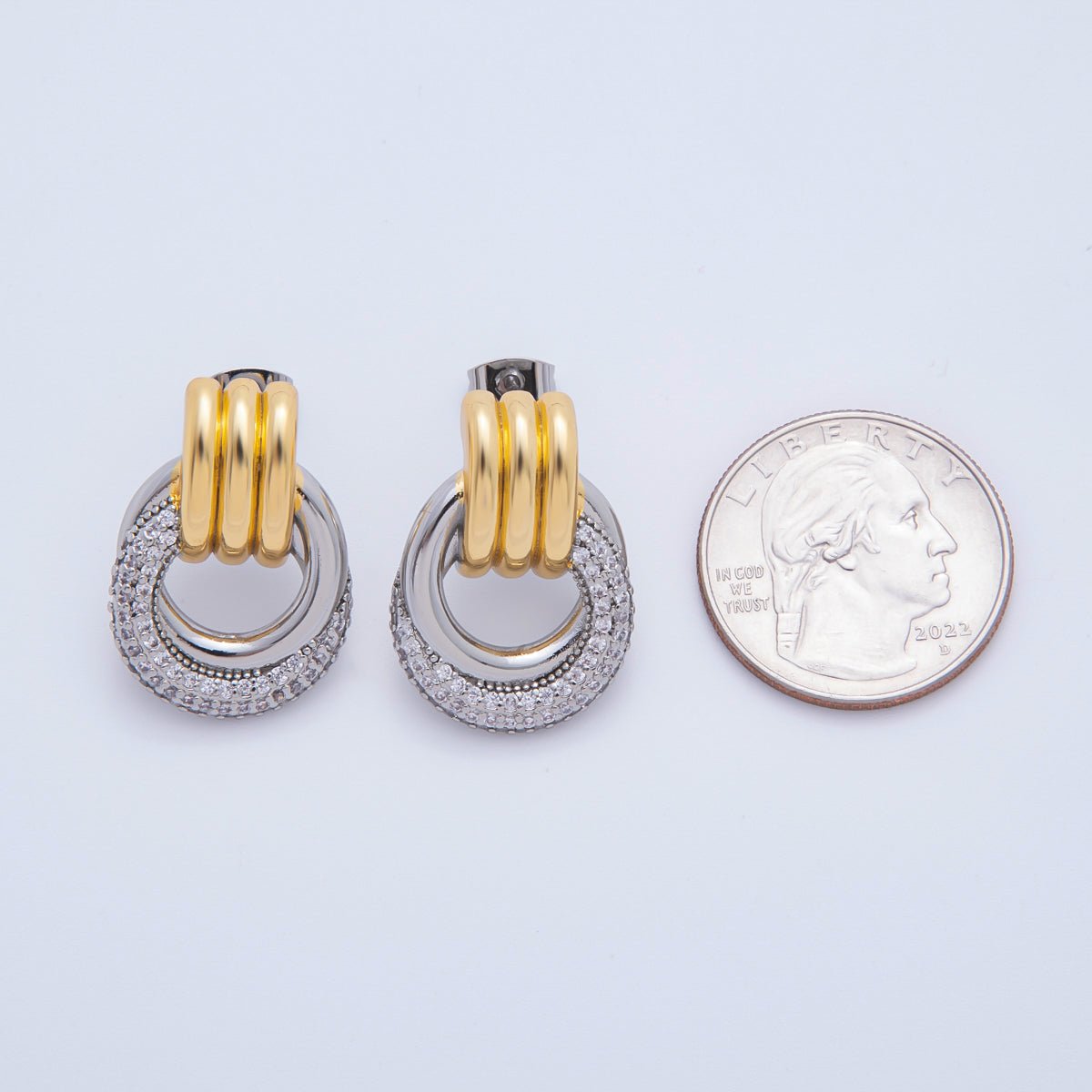 18K Gold Filled 26mm Micro Paved CZ Triple Band Door Knocker Drop Stud Earrings in Gold, Silver & Mixed Metal | AJ265 - AJ267 - DLUXCA