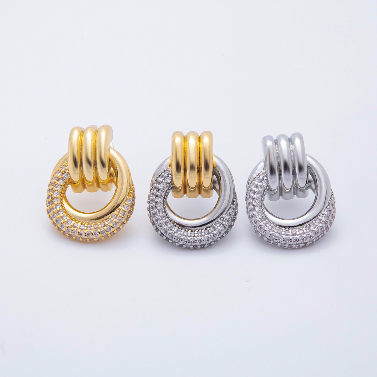 18K Gold Filled 26mm Micro Paved CZ Triple Band Door Knocker Drop Stud Earrings in Gold, Silver & Mixed Metal | AJ265 - AJ267 - DLUXCA