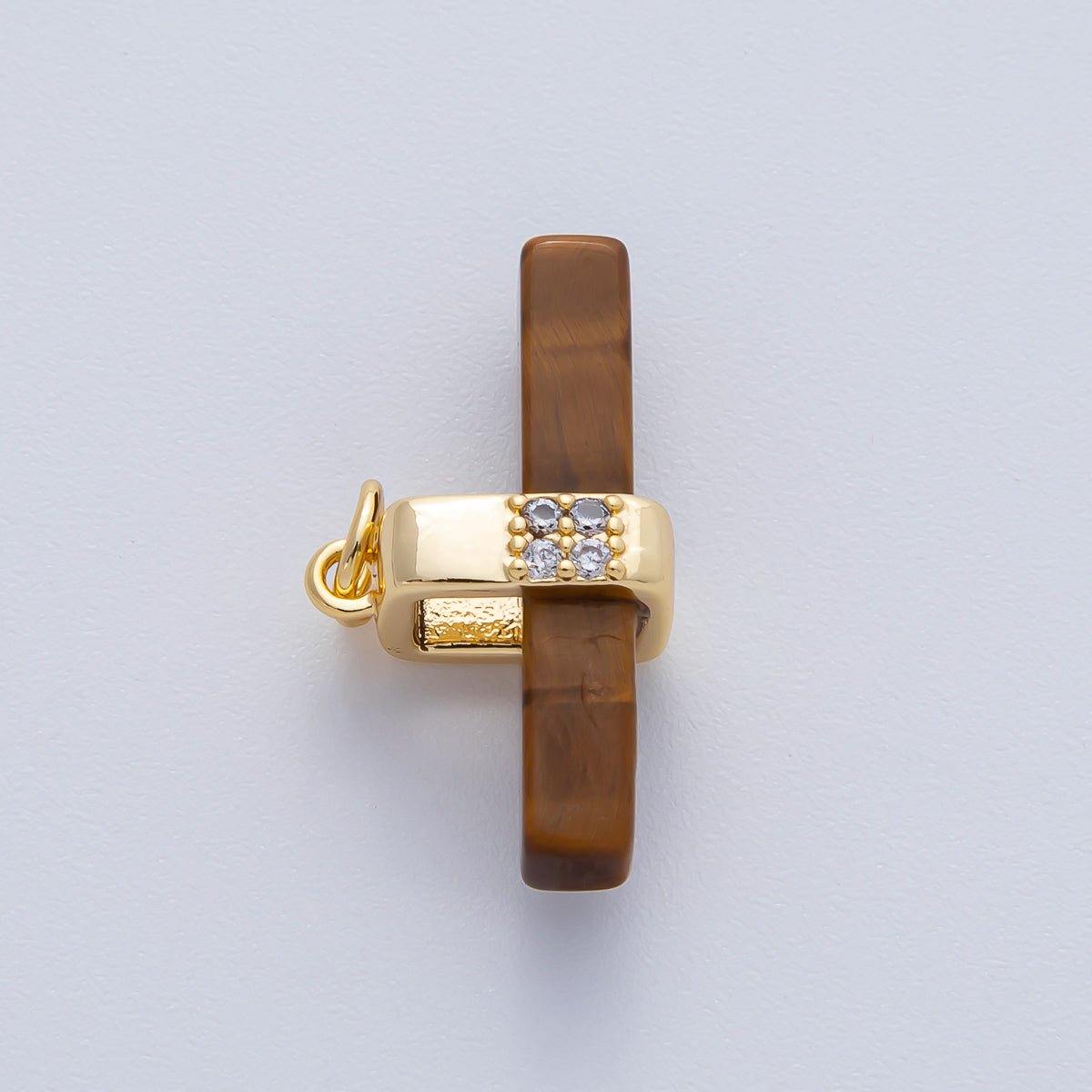 18K Gold Filled 26mm Onyx, Rose Quartz, Tiger Eye, Aventurine Gemstone Bar Micro Paved CZ Charm | AF1457 AF1458 - DLUXCA