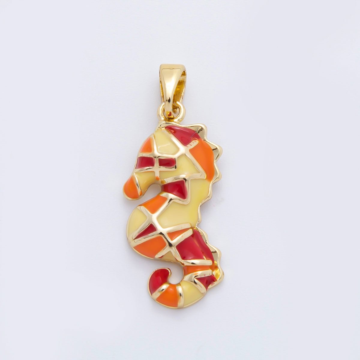 18K Gold Filled 27mm Green, Orange Enamel Seahorse Mosaic Ocean Under the Sea Animal Pendant | AF - A1103 - DLUXCA