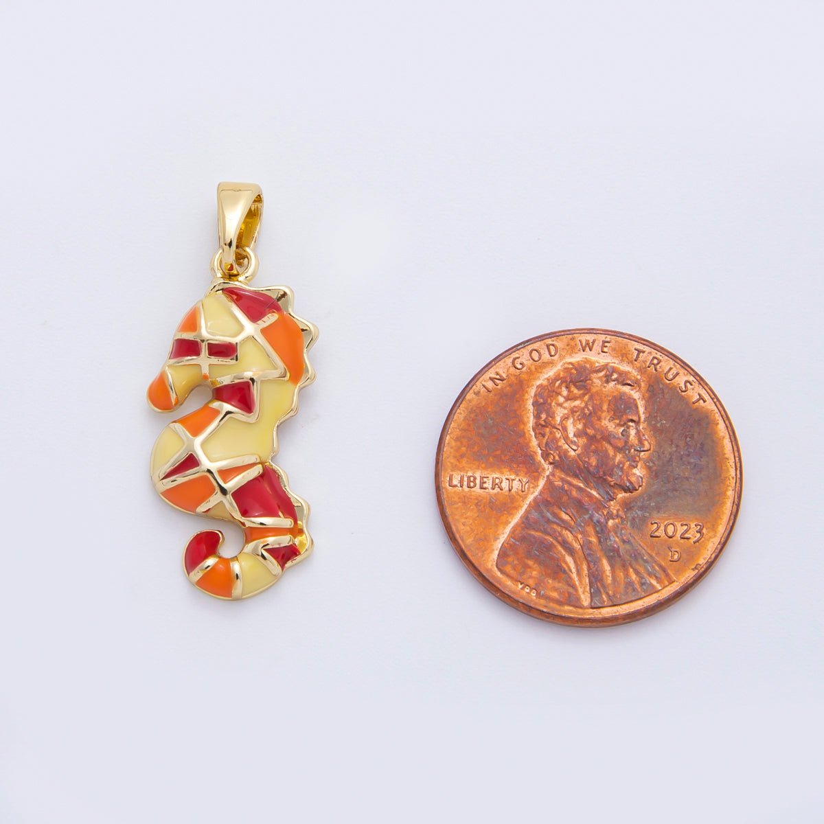 18K Gold Filled 27mm Green, Orange Enamel Seahorse Mosaic Ocean Under the Sea Animal Pendant | AF - A1103 - DLUXCA